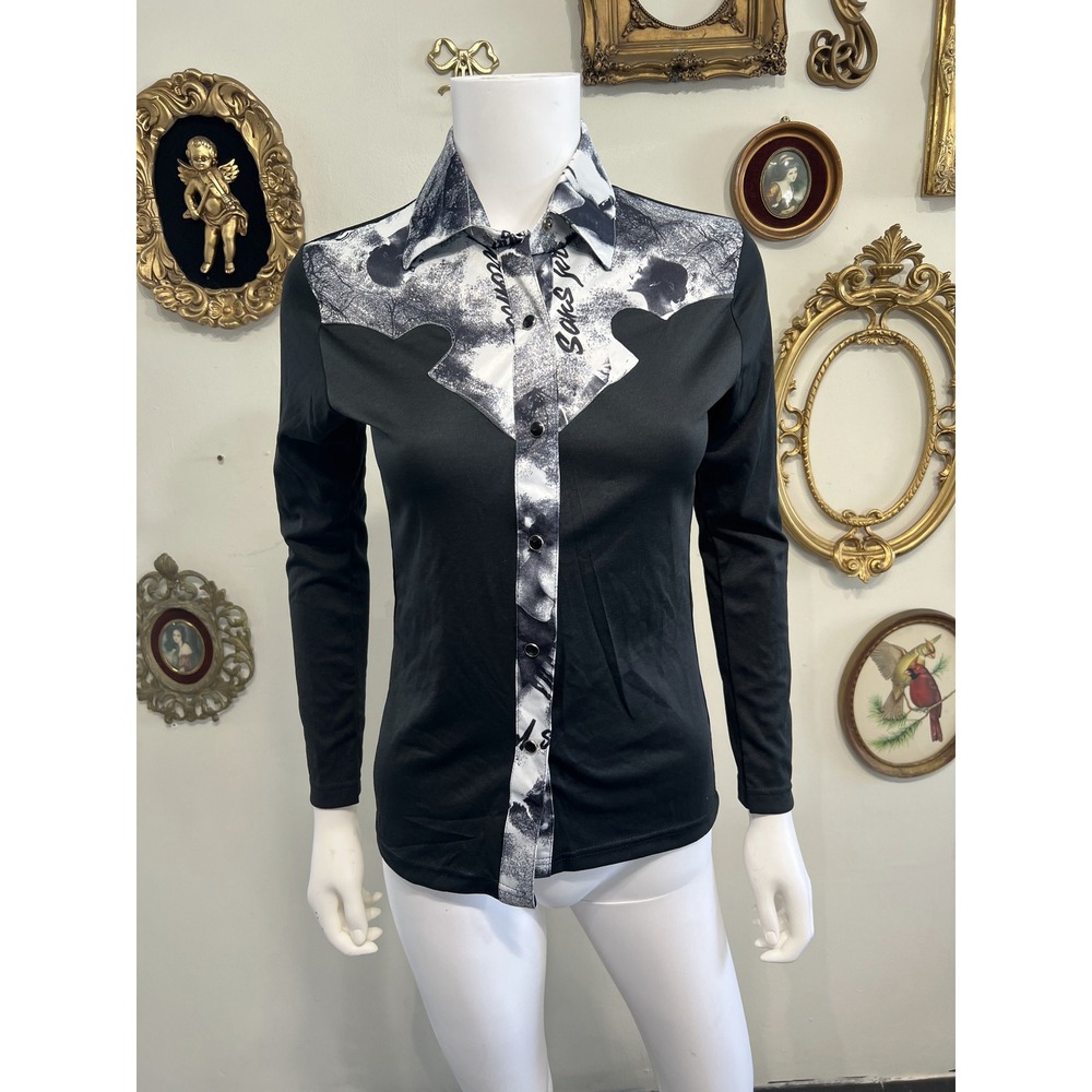 Vintage Cheryl Creations Black White Graphic Print Western Button-Up Shirt Sz M